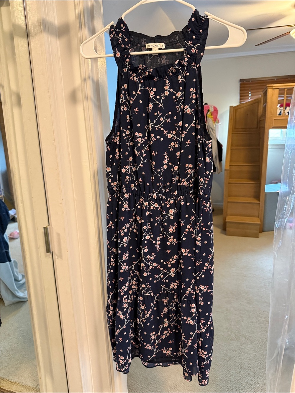 J. Crew Navy Floral Midi Dress with Pink Blossoms